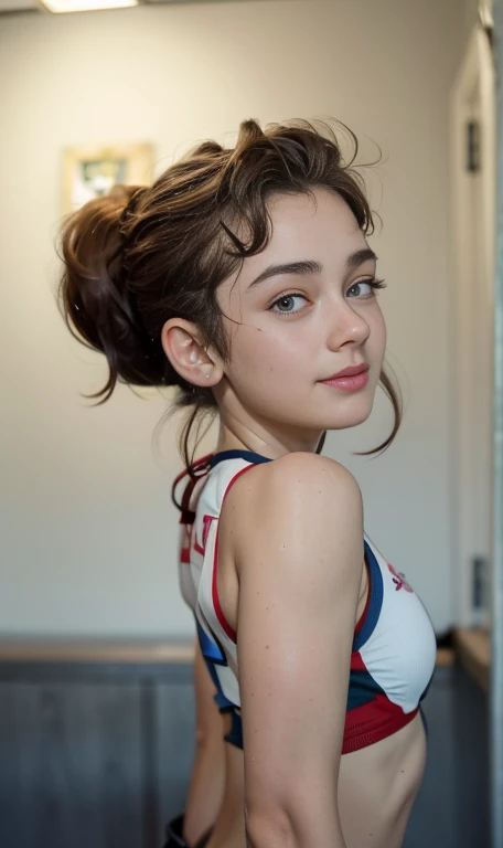 Photo oF a 15 year-old American girl, .crudo, beautiFul woman, (Long brown hair with ponytail.), light brown hair ponytail hairstyle((retrato)), ((Cara detallada:1.2)), ((Detailed Facial Features)), (Piel Finamente detallada), pale skin , ojos azules , Small nose , 、un sexy(cold color), wet, wet, ReFlectoreasutepiece) (proporciones perFectaotos realistas)(La mejor calidad) (Detallado) FotograFiado con una EOS R5 de Canon, lente de 50 mm, F/2.8, NFFSW, (8k) (papel tapiz) (cinematic lighting) (dramatic lighting) (sharp Focus) (Enrevesado) senos grandes , pechos grandes , pecas en mejillas y nariz , cuerpo completo , hermoso cuerpo de adolesente , posando sexy a la camara , posando de Frente para la camara ,lindo maquillaje , gran sonrisa  , estadio deportivo ,  outfit deportivo , ropa deportiva