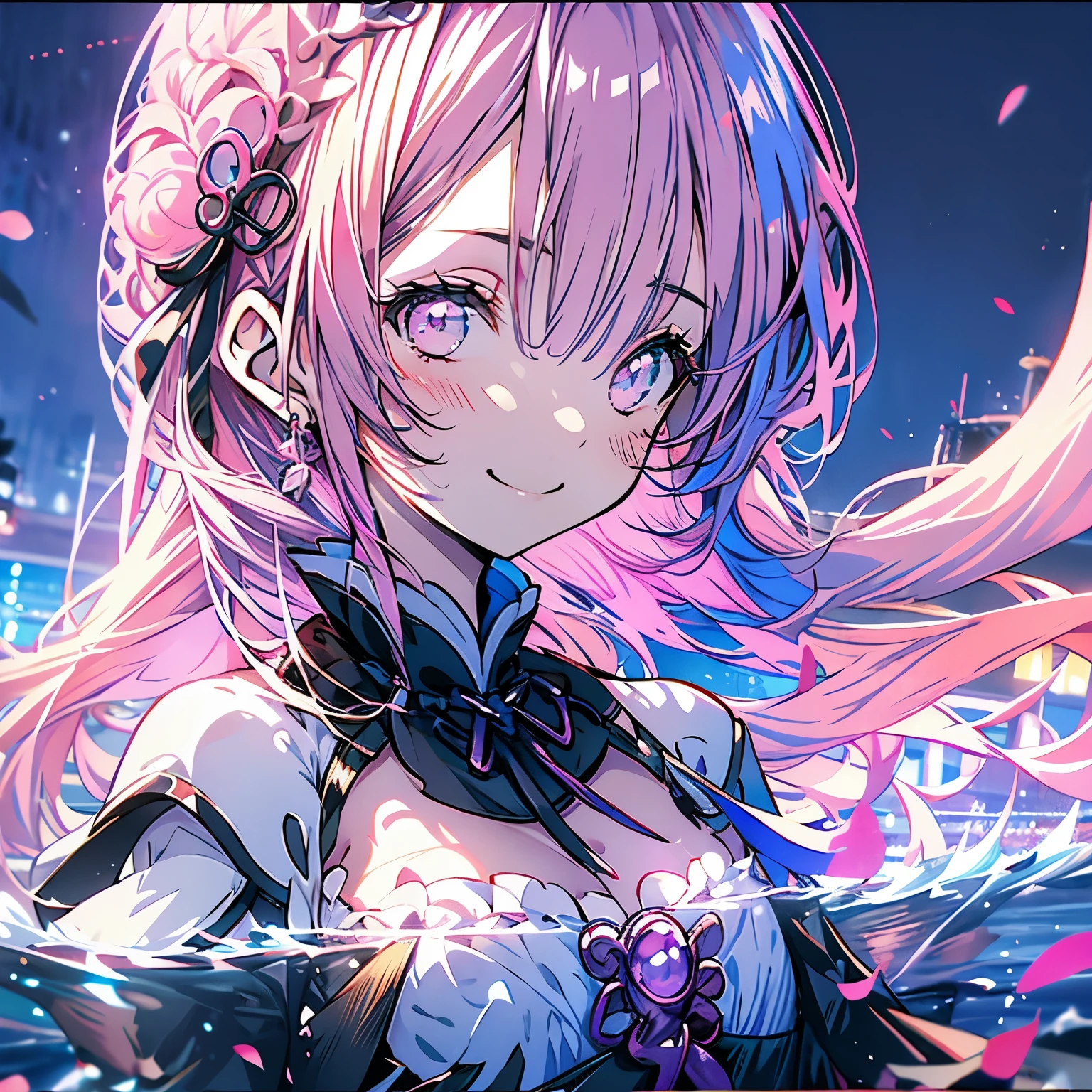 Masterpiece、Re:Zero、Rem、Pink Hair、Pink Eyes Smile、Ocean、night、full moon