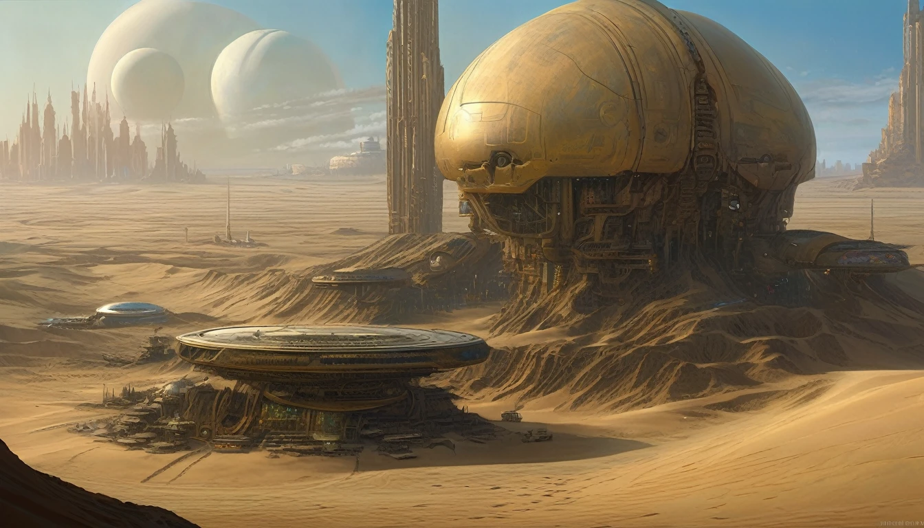 there is a painting of a futuristic city with a giant robot head, jodorowsky's dune, insanely detailed matte painting, peter gric and dan mumford, intricate matte painting, jodorowsky's dune movie, style of john harris, jean giraud 8 k, hyperdetailed matte painting, intricate environments, stunning sci-fi concept art, cgsociety )
