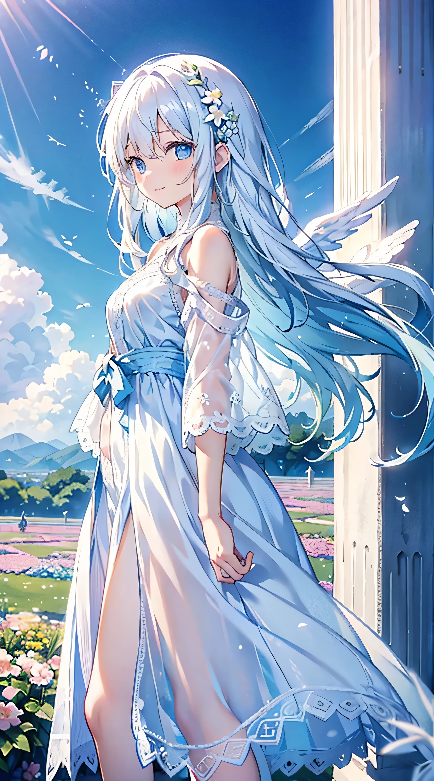 Alone, Pretty woman with long white hair and blue eyes、short、landscape、walking、Flower Field、Light blue dress、A long white lace cardigan draped over the shoulders、18-year-old、Adorable smile、Angel wings on the back、Less exposed skin、pastel colour、cute、Highest quality