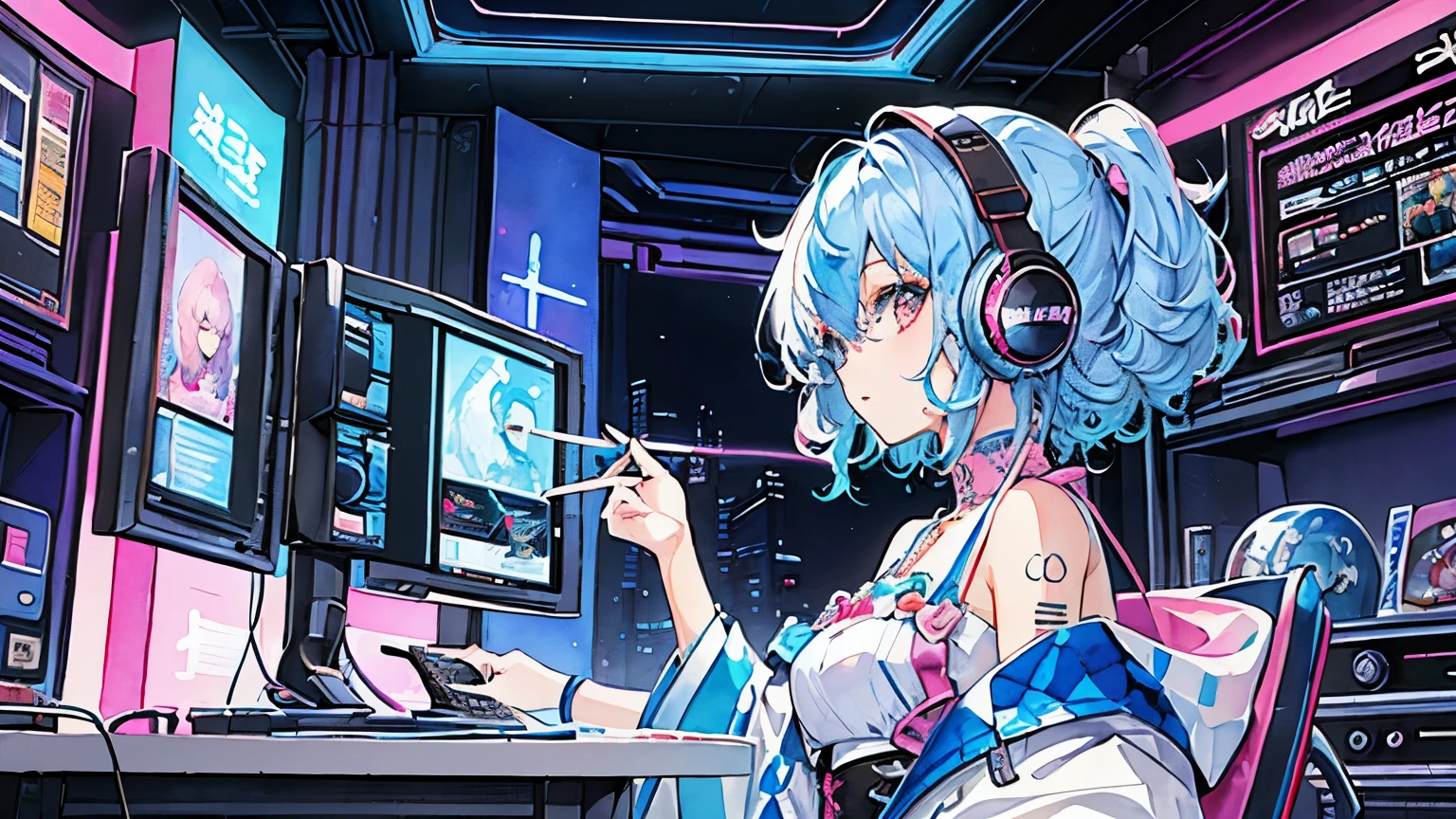 (masterpiece、highest quality、highest quality、Watercolor(Afro)、Official Art、Beautiful and aesthetic:1.2)、(One Girl:1.3)、Cyberpunk Body Upper Part、From the side、pattern、(Blue colored hair、Colorful Hair、Half Blue、Half pink hair:1.2)、headphone、Operating a computer、Looking at the display、performer、Cyberspace