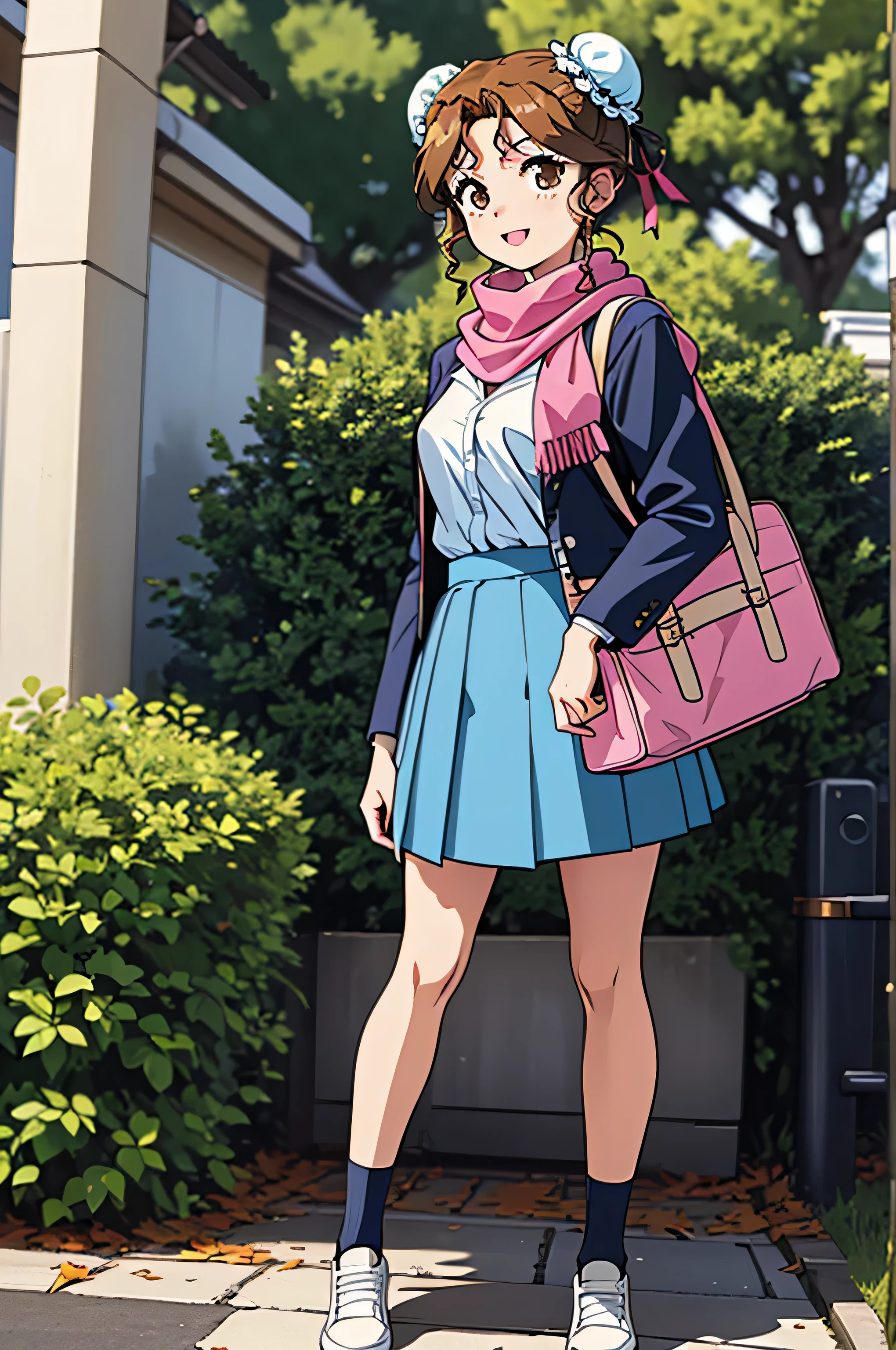 (Masterpiece Anime, One, Retro art style, Clean brush strokes, Very detailed, Perfect Anatomy, Browsing Caution), winter park background, Cobblestones, Dead trees, Dead leaves are dancing, (Full Body Shot), (akirhaya), 1Girl, Eyebrows visible through hair, bangs, Light brown hair, Bun Hair, brown eyes, (Sansakumaru:1.4), (Beautiful and detailed:1.2), Open your mouth a little, Confident々Smile, (Standing with your legs apart), blazer, (Over the , Navy blue), (School uniform mini skirt, Navy blue), (She is wearing a pink scarf), Leather student bag,