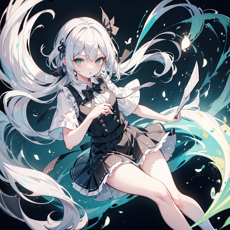 Silver Hair　Bob　A headband with a big black ribbon　Dress shirt short sleeve　Green Skirt(Up to the knees)　White socks up to the ankles　Wearing loafers　Holding a sword　There are translucent spirits floating around　Oriental Project　Konpaku Youmu　Green vest　Large black ribbon on the chest