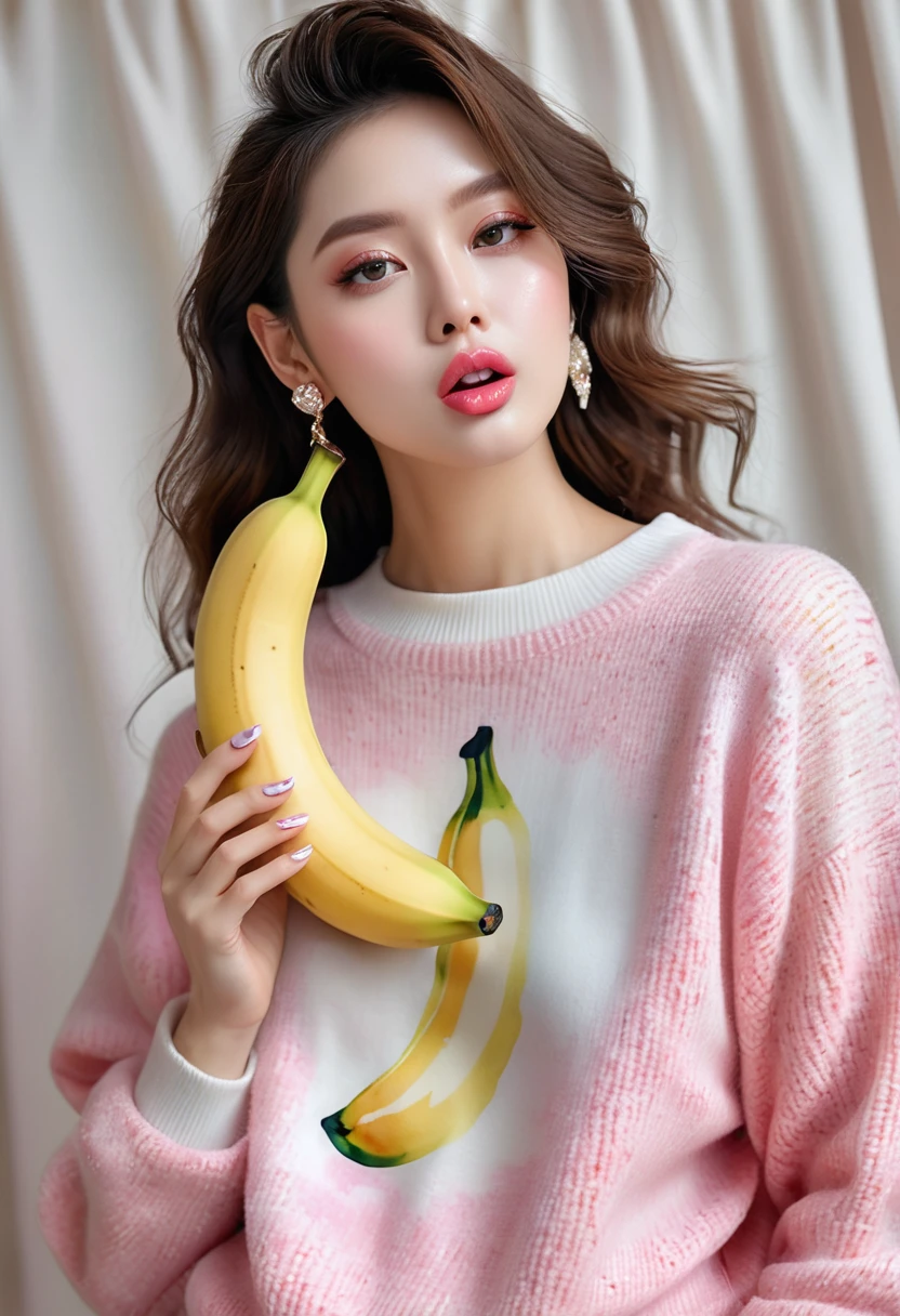 (masterpiece, best quality: 1.2),woman,，colloid， Sexy eyes，The expression of a kiss，Wet pink and white sexy lips， colloid皮肤，Full figure，earrings（（Watercolor pattern sweater））eating banana，full-body shot