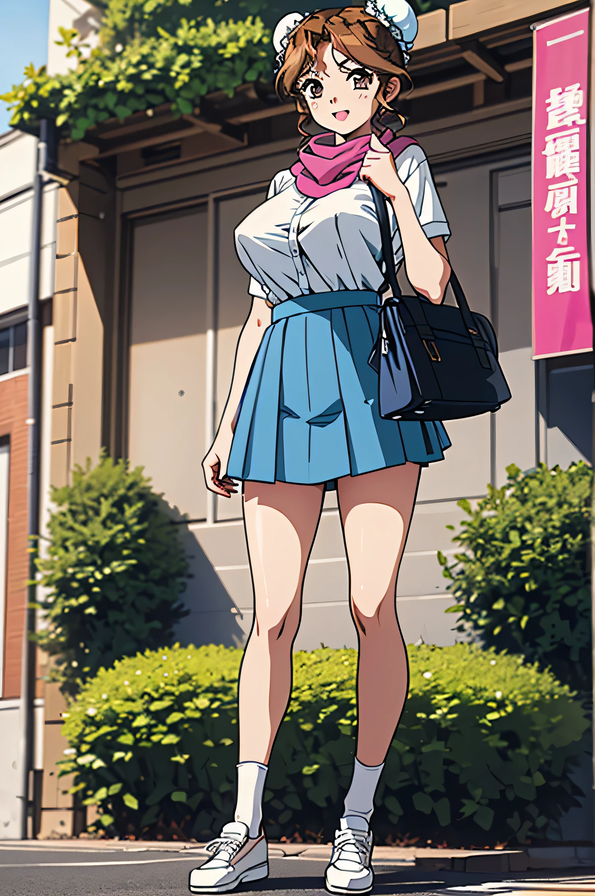 (Masterpiece Anime, One, Retro art style, Clean brush strokes, Very detailed, Perfect Anatomy, Browsing Caution), winter park background, Cobblestones, Dead trees, Dead leaves are dancing, (Full Body Shot), (akirhaya), 1Girl, Eyebrows visible through hair, bangs, Light brown hair, Bun Hair, brown eyes, (Sansakumaru:1.4), (Beautiful and detailed:1.2), Open your mouth a little, Confident々Smile, High Body, (Large Breasts:1.5), (Standing with your legs apart), blazer, (Over the , Navy blue), (School uniform mini skirt, Navy blue), (She is wearing a pink scarf), Leather student bag,