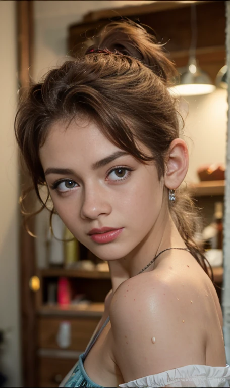 Photo oF a -old Amean girl, .crudo, beautiFul woman, (Long brown hair with ponytail.), light brown hair ponytail hairstyle((retrato)), ((Cara detallada:1.2)), ((Detailed Facial Features)), (Piel Finamente detallada), pale skin , ojos azules , Small nose , 、un sexy(cold color), wet, wet, ReFlectoreasutepiece) (proporciones perFectaotos realistas)(La mejor calidad) (Detallado) FotograFiado con una EOS R5 de Canon, lente de 50 mm, F/2.8, NFFSW, (8k) (papel tapiz) (cinematic lighting) (dramatic lighting) (sharp Focus) (Enrevesado) senos grandes , pechos grandes , pecas en mejillas y nariz , cuerpo completo , hermoso cuerpo de adolesente , posando sexy a la camara , posando de Frente para la camara ,lindo maquillaje , gran sonrisa  ,sala de estar , vestido de noche