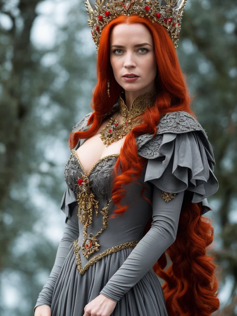 (solo), (best quality:1.4), a close up of a woman with red hair wearing a crown, beautiful vampire female queen, the red queen, by Elena Guro, redhead queen in [heavy red armor], diablo 4 queen, portrait of emily blunt as queen, wearing crown, in style of anne stokes, by Nikita Veprikov, queen of the forest, red haired goddess, as a medieval fantasy character, (:dress of grey graphite color:1.3)