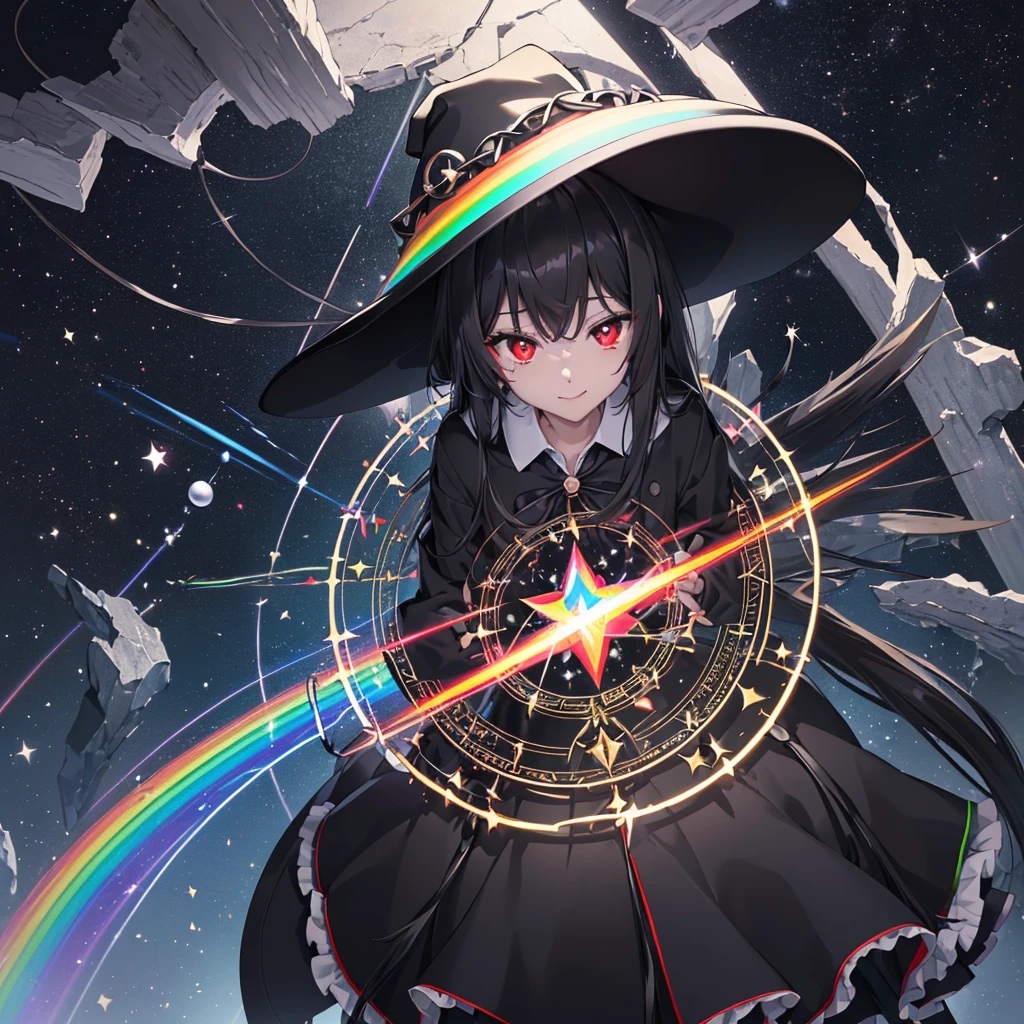 ((Black Hair Rainbow-colored light emitted from the magic circle Witch Hat Red eyes woman)) ((explosion Explosion book of magic starのペンダント beam)) (Magic Robe shine star Streaks of Light Black Hole) moon 彗star incantation Runes cool Fantasy smile