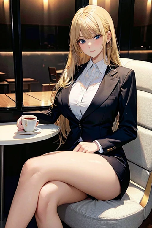 tall blonde with big breasts and huge butt dressed in elegant suit sitting drinking coffee 