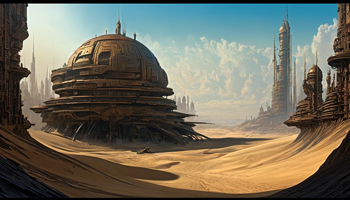 there is a painting of a futuristic city with a giant robot head, jodorowsky's dune, insanely detailed matte painting, peter gric and dan mumford, intricate matte painting, jodorowsky's dune movie, style of john harris, jean giraud 8 k, hyperdetailed matte painting, intricate environments, stunning sci-fi concept art, cgsociety )  