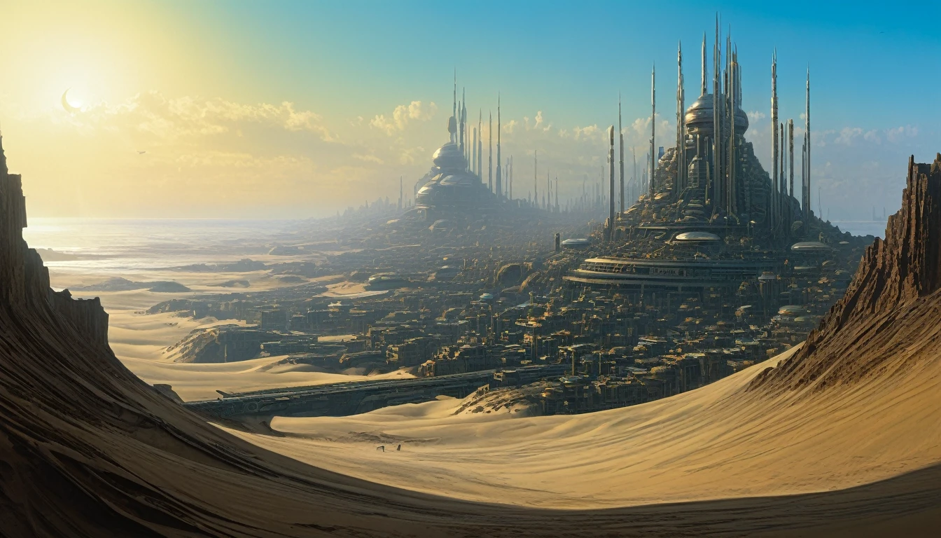 there is a painting of a futuristic city with a giant robot head, jodorowsky's dune, insanely detailed matte painting, peter gric and dan mumford, intricate matte painting, jodorowsky's dune movie, style of john harris, jean giraud 8 k, hyperdetailed matte painting, intricate environments, stunning sci-fi concept art, cgsociety )  