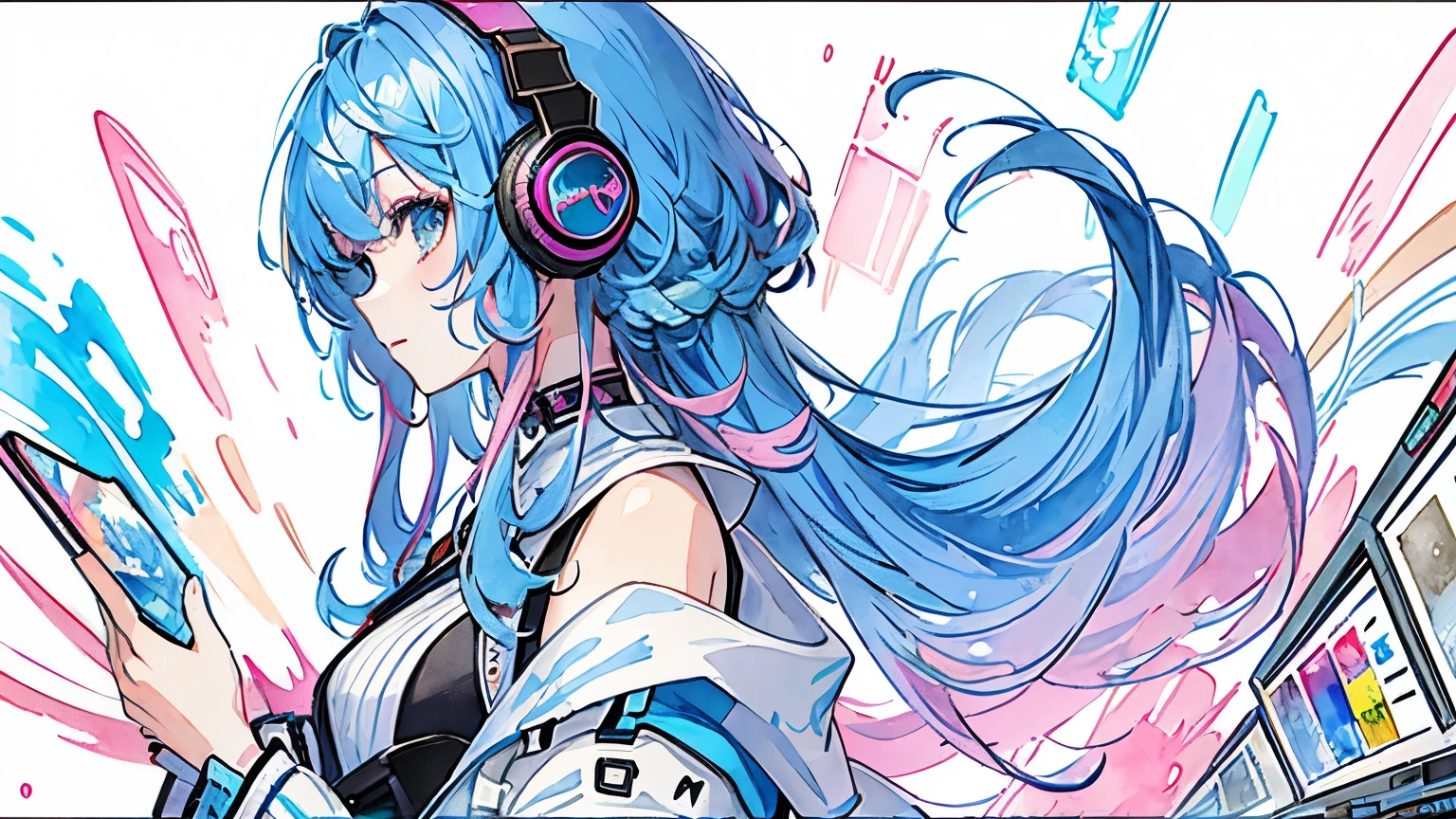 (masterpiece、highest quality、highest quality、Watercolor(Afro)、Official Art、Beautiful and aesthetic:1.2)、(One Girl:1.3)、Cyberpunk Body Upper Part、From the side、pattern、(Blue colored hair、Colorful Hair、Half Blue、Half pink hair:1.2)、headphone、Operating a computer、Looking at the display、performer、Cyberspace