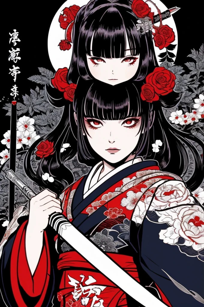 Beautiful hardcore illustration homepage illustration style, dark, High resolution, hard touch illustration, Strong outline, One girl, japanese geisha style, Fuji Mountain, Japan, 8k, American Comic Styles, Colorful background, Hiroyuki Nagasaka, Aggressive, Beautiful Face, Cool Beauty, kimono, Beauty Style, Black and Red, Fight, Hard Illustration, Rose red hair, One female, Rose, Backwards, Samurai, small monster, kimono, (Japanese sword(1.8)), (Draw your sword(1.8))