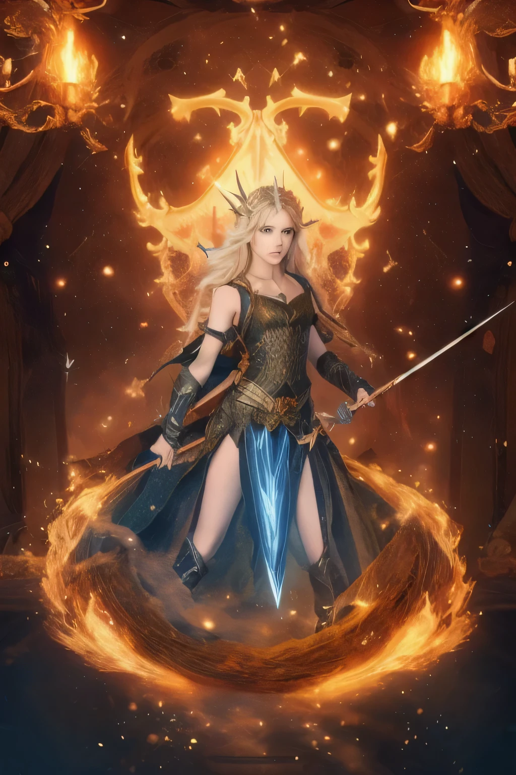 The spellcaster casting magic，Protection from Arrows，MagicProtection from Arrows，Cast defensive spells，There is an orange light film on the body surface，Fantastic effects，Beautiful blonde female elf mage, Wearing gorgeous elf robes,Raise your hand to summon a magic shield，Movie Background,(best quality:1.1), (masterpiece:1.2), high resolution