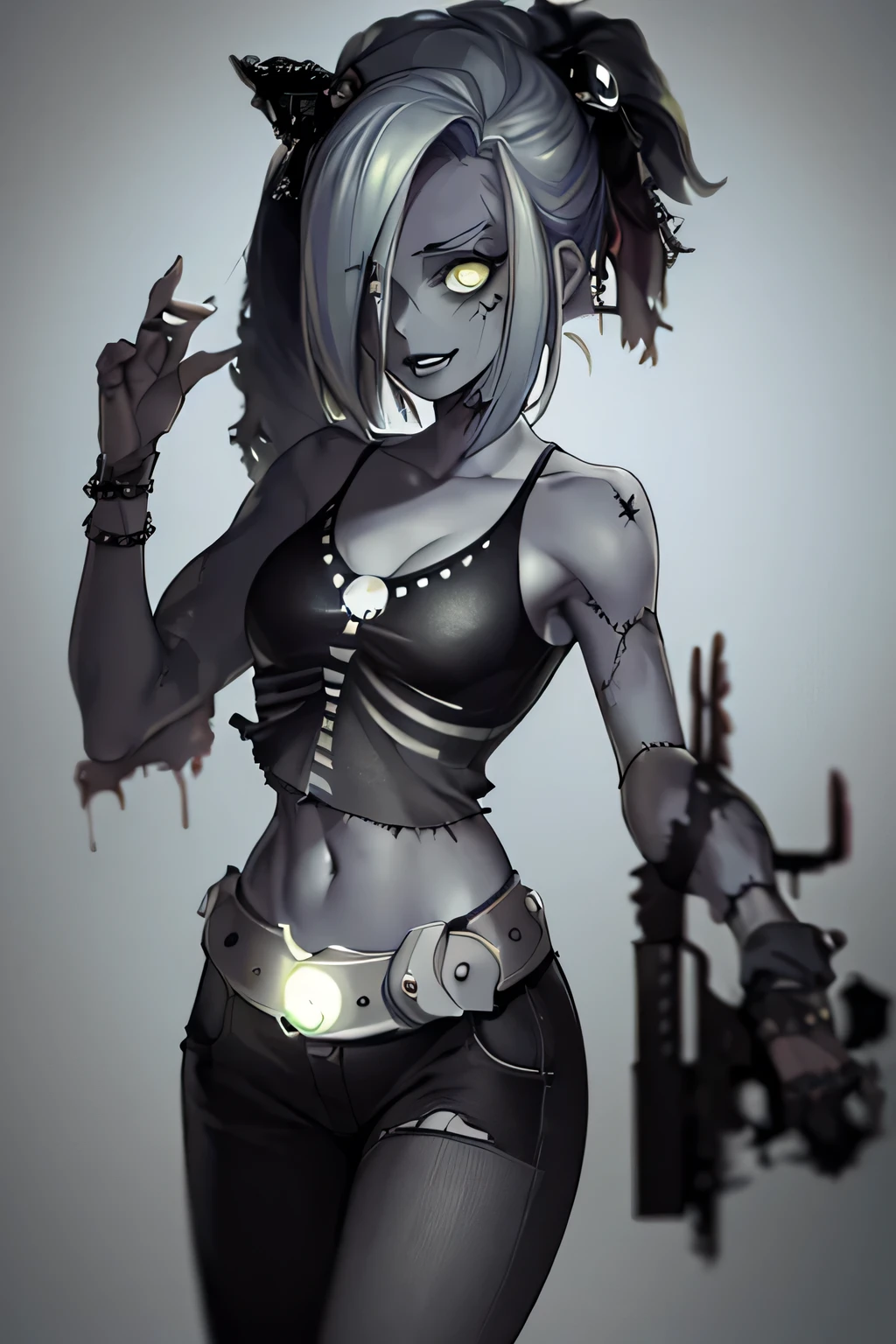 ((masterpiece,best quality)), absurdres, Nara_AFK, solo, 1girl, zombie, grey skin, torn clothes, skull, glowing, midriff, belt, pants, looking at viewer, cowboy shot, cinematic composition, dynamic pose