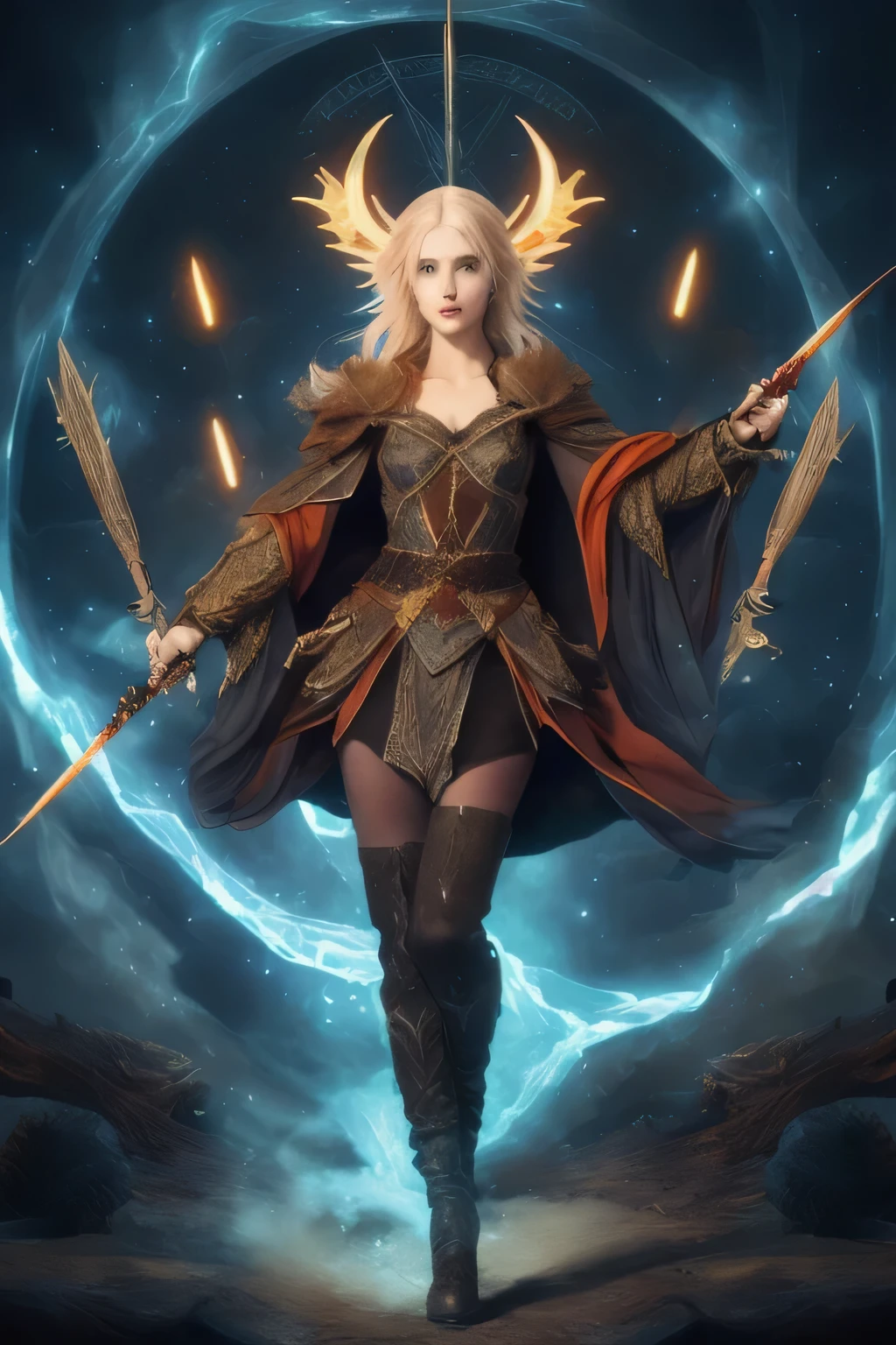 The spellcaster casting magic，Protection from Arrows，MagicProtection from Arrows，Cast defensive spells，There is an orange light film on the body surface，Fantastic effects，Beautiful blonde female elf mage, Wearing gorgeous elf robes,Raise your hand to summon a magic shield，Movie Background,(best quality:1.1), (masterpiece:1.2), high resolution