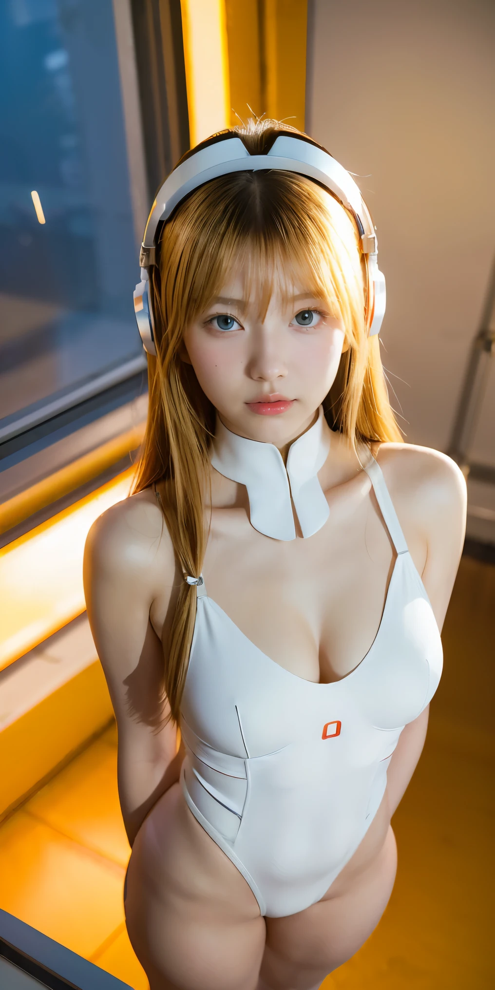 (Overhead view),dynamic angle,ultra-detailed, illustration, close-up, straight on, 1girl, 
 ((souryuu asuka langley, interface headset, red bodysuit:1.4, blonde)),Her eyes shone like dreamy stars,(glowing eyes:1.233),(beautiful and detailed eyes:1.1),(expressionless,closed mouth),(standing), 
(mechanic room with toolsand spaceship windowin a white SPACESHIP),
(night:1.2),dreamy, [[delicate fingers and hands:0.55]::0.85],(detail fingers),