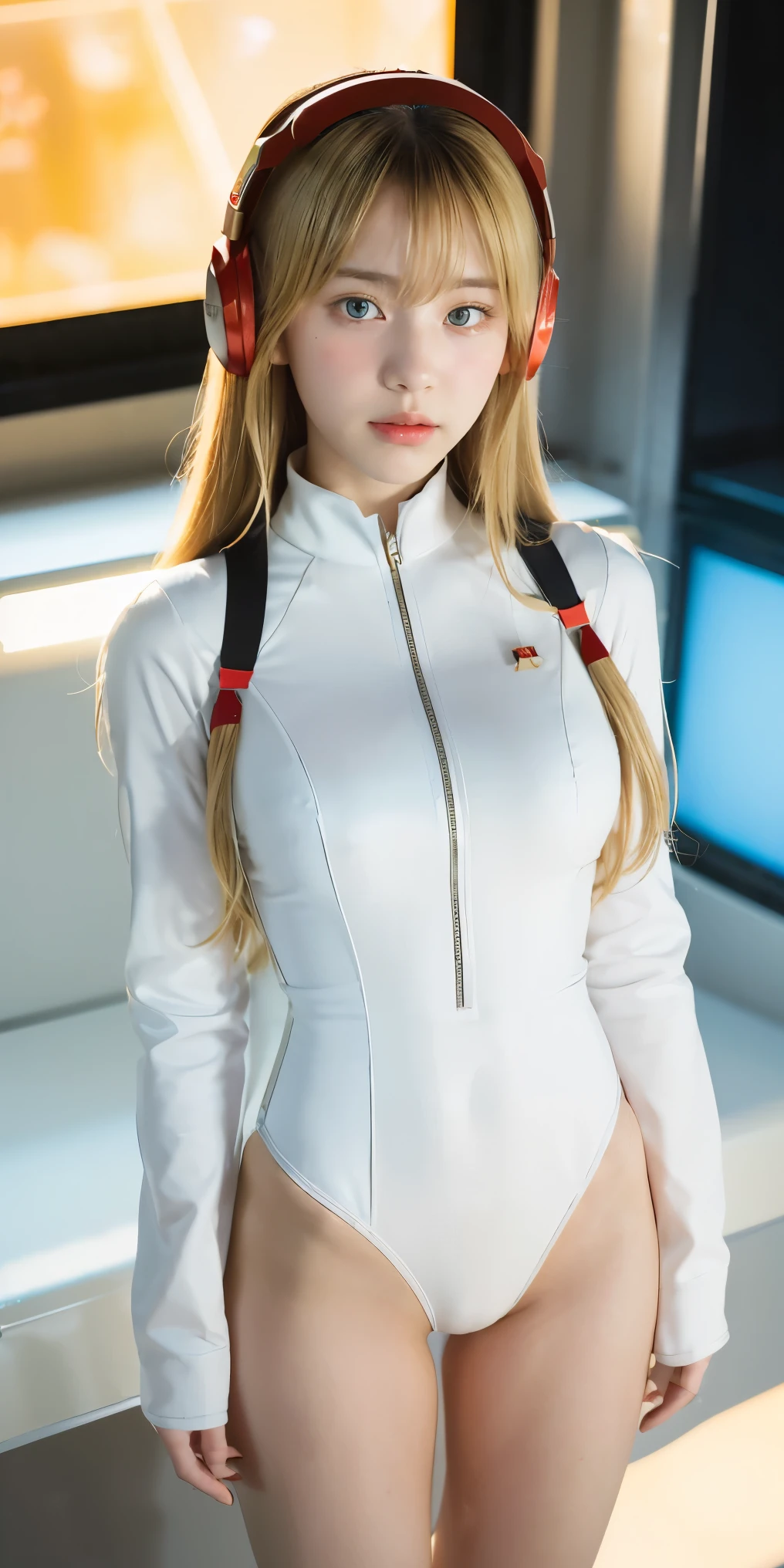 (Overhead view),dynamic angle,ultra-detailed, illustration, close-up, straight on, 1girl, 
 ((souryuu asuka langley, interface headset, red bodysuit:1.4, blonde)),Her eyes shone like dreamy stars,(glowing eyes:1.233),(beautiful and detailed eyes:1.1),(expressionless,closed mouth),(standing), 
(mechanic room with toolsand spaceship windowin a white SPACESHIP),
(night:1.2),dreamy, [[delicate fingers and hands:0.55]::0.85],(detail fingers),