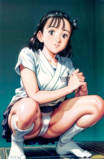(unity 8k wallpape),(best quality),(high resolution),(ultra-detailed),(perfect anatomy),(beautiful detailed eyes),YAWARA,(urasawa naoki style),yo,smile,,panty shot,squatting,White panties,cameltoe,White socks,Shooting from a low angle,Turn your body forward,