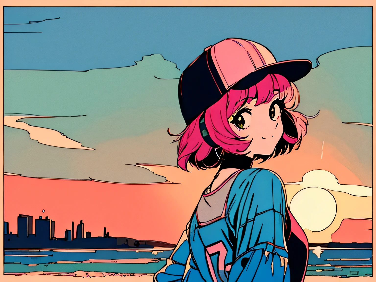 master piece, City Pop style, Pink Hair, fluffy bob cut, wearing headphones, shoulder length, alone, Futuristic, yet, lofi, retro, vintage, Ghost, light smile, basketball jersey, baseball cap, sunset, beach, back shot