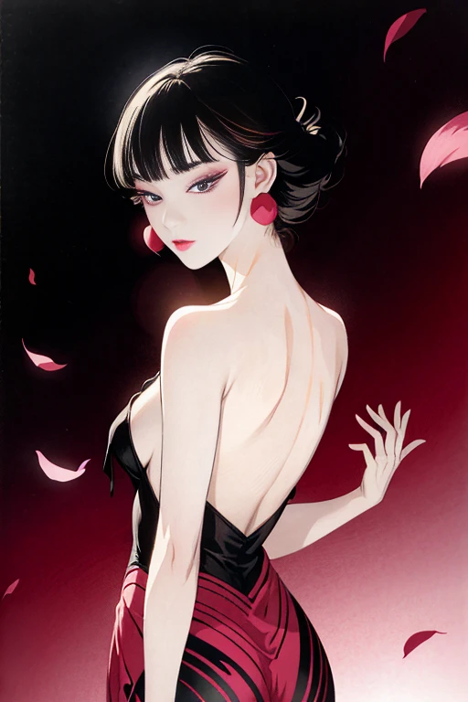 tsuruta ichiro, Narrow-eyed, 1girl in, Allback、deadpan、short-hair、shorth hair、brow、Reluctance、A dark-haired、Tucked Hair Solo, Cowgirl, Onepiece, ((mideum breasts)), Thin slit eyes、Black eyes, Light shines on the eyes、Black hair, gloves, Dress, Luxurious Jewelry, earrings, sharp eye、 elbow groves,Raise your hands and tie your hair back, random color, random color dress, Makeup for long eyes, Slender eyes、lip stick, Complex petal pattern, Rim Light, Back Light, pastel color,Studio Lighting