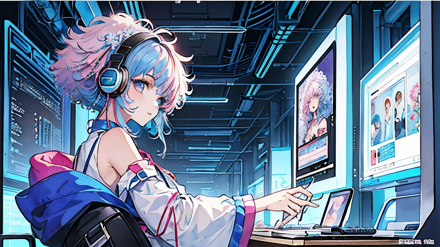 (masterpiece、highest quality、highest quality、Watercolor(Afro)、Official Art、Beautiful and aesthetic:1.2)、(One Girl:1.3)、Cyberpunk Body Upper Part、From the side、pattern、(Blue colored hair、Colorful Hair、Half Blue、Half pink hair:1.2)、headphone、Operating a computer、Looking at the display、performer、Cyberspace