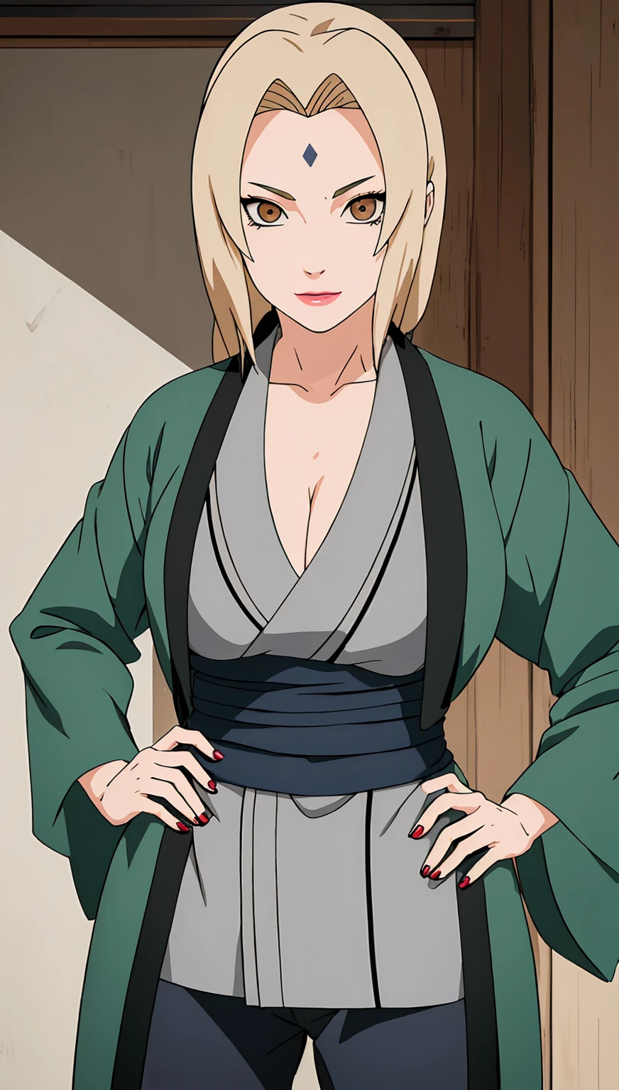 (masterpiece, highest quality:1.2), alone, One Girl, Tsunade Defense, Forehead mark, smile, View your audience, Hands on hips, kimono, Green haori, Gray kimono, sash, pants 、Upper body close-up、Close-up of a person、Beautiful girl with beautiful details, Very cute, Beautiful girl with beautiful details, Professional photography lighting, Highly detailed eyes and face, Eyes with beautiful details、Beautiful detailed hair, Beautiful detailed cold face、