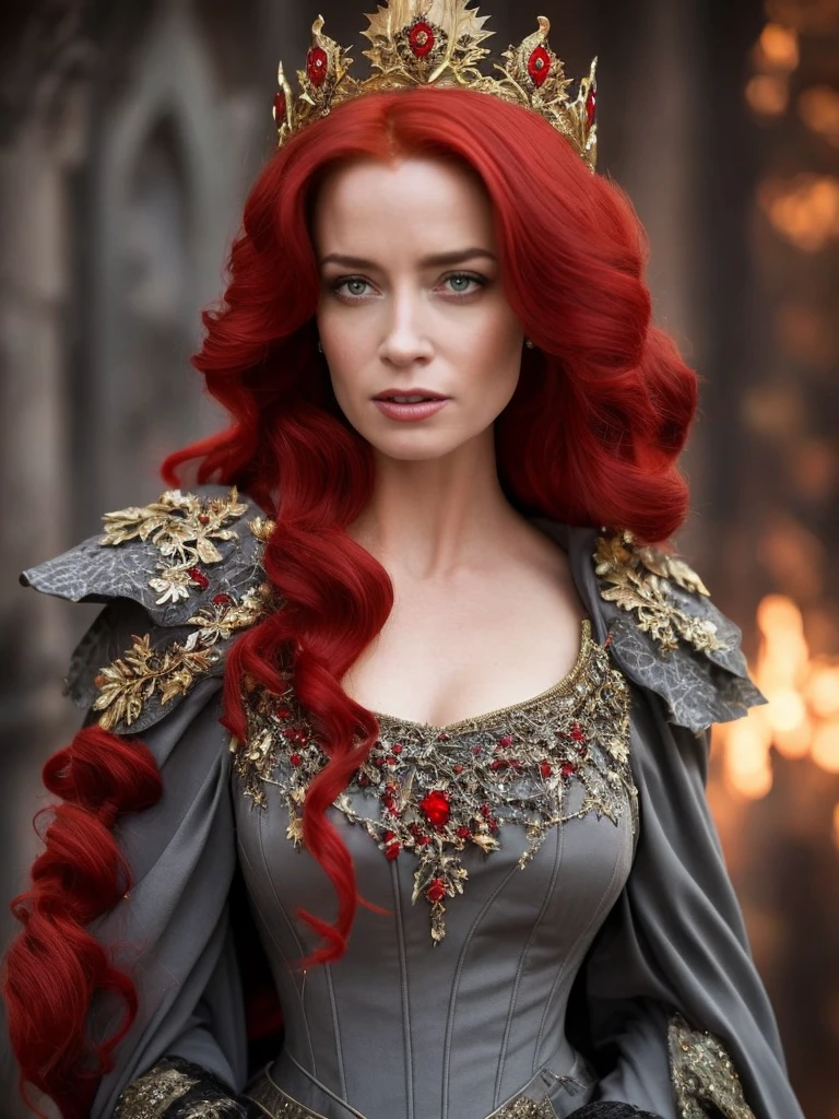 (solo), (best quality:1.4), a close up of a woman with red hair wearing a crown, beautiful vampire female queen, the red queen, by Elena Guro, redhead queen in [heavy red armor], diablo 4 queen, portrait of emily blunt as queen, wearing crown, in style of anne stokes, by Nikita Veprikov, queen of the forest, red haired goddess, as a medieval fantasy character, (:dress of grey graphite color:1.3)