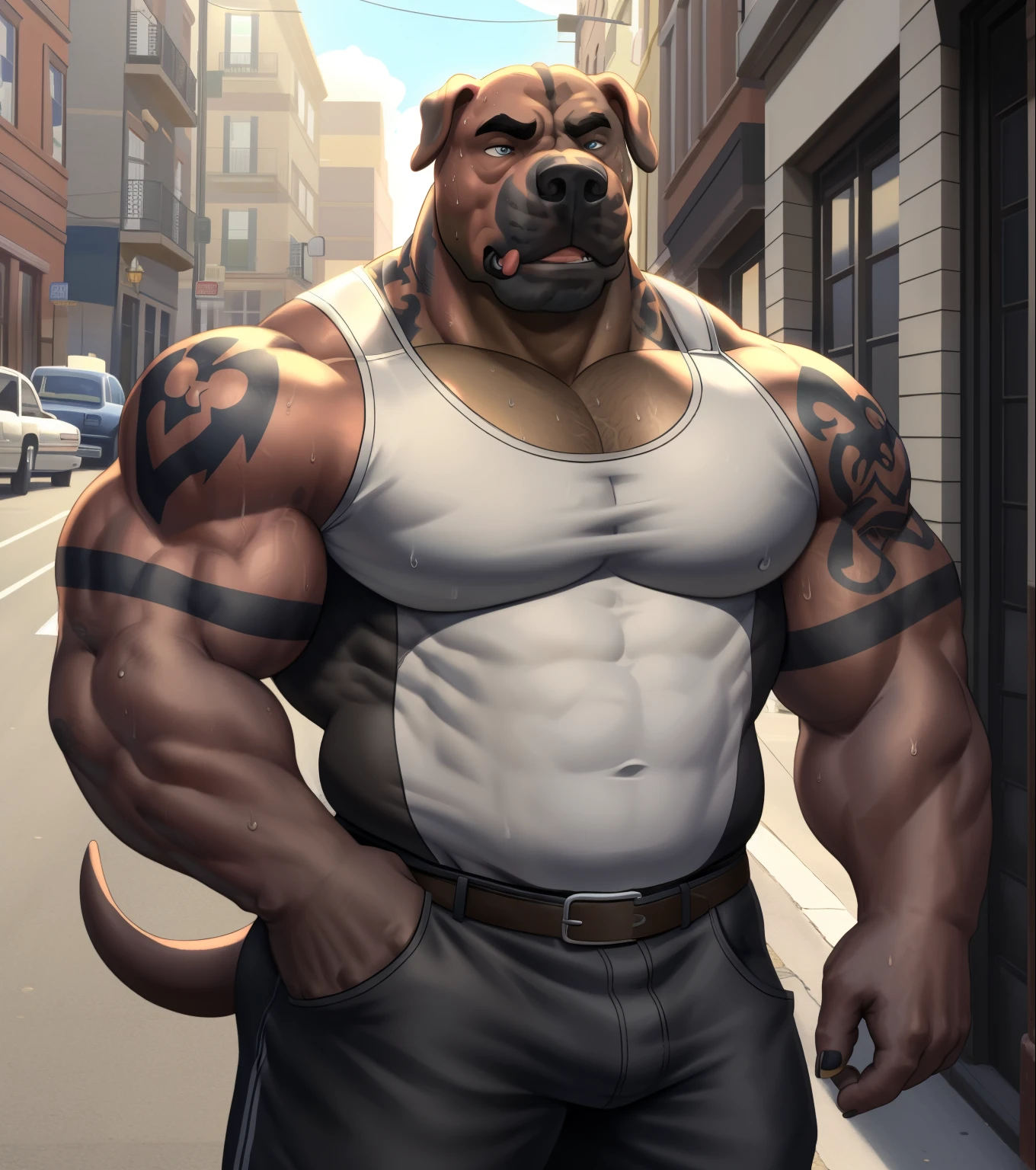 solo, anthro (Neapolitan mastiff, cane corso), full ears, brown and gray skin, detailed eyes,Street: 1.6, sweat, heavy breathing: 1.5, correct anatomy, biceps, (muscular) thin, tattoo, veins all over the body, (Normal clothing: 1.2), street background and parked antique cars, 8k hd, dark shadows