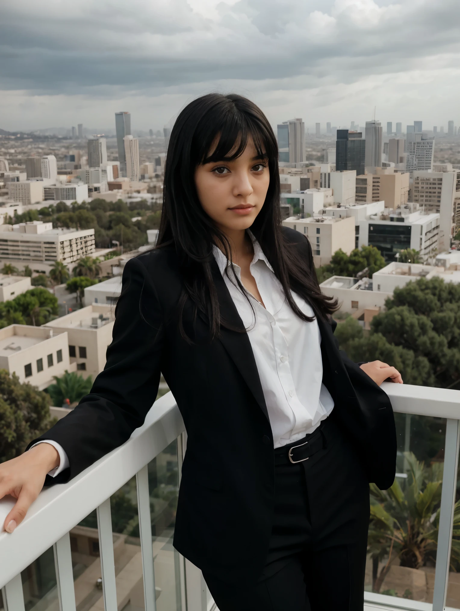 Arab ager with long black hair and bangs wearing a black suit, overlooking Los Angeles on a cloudy day