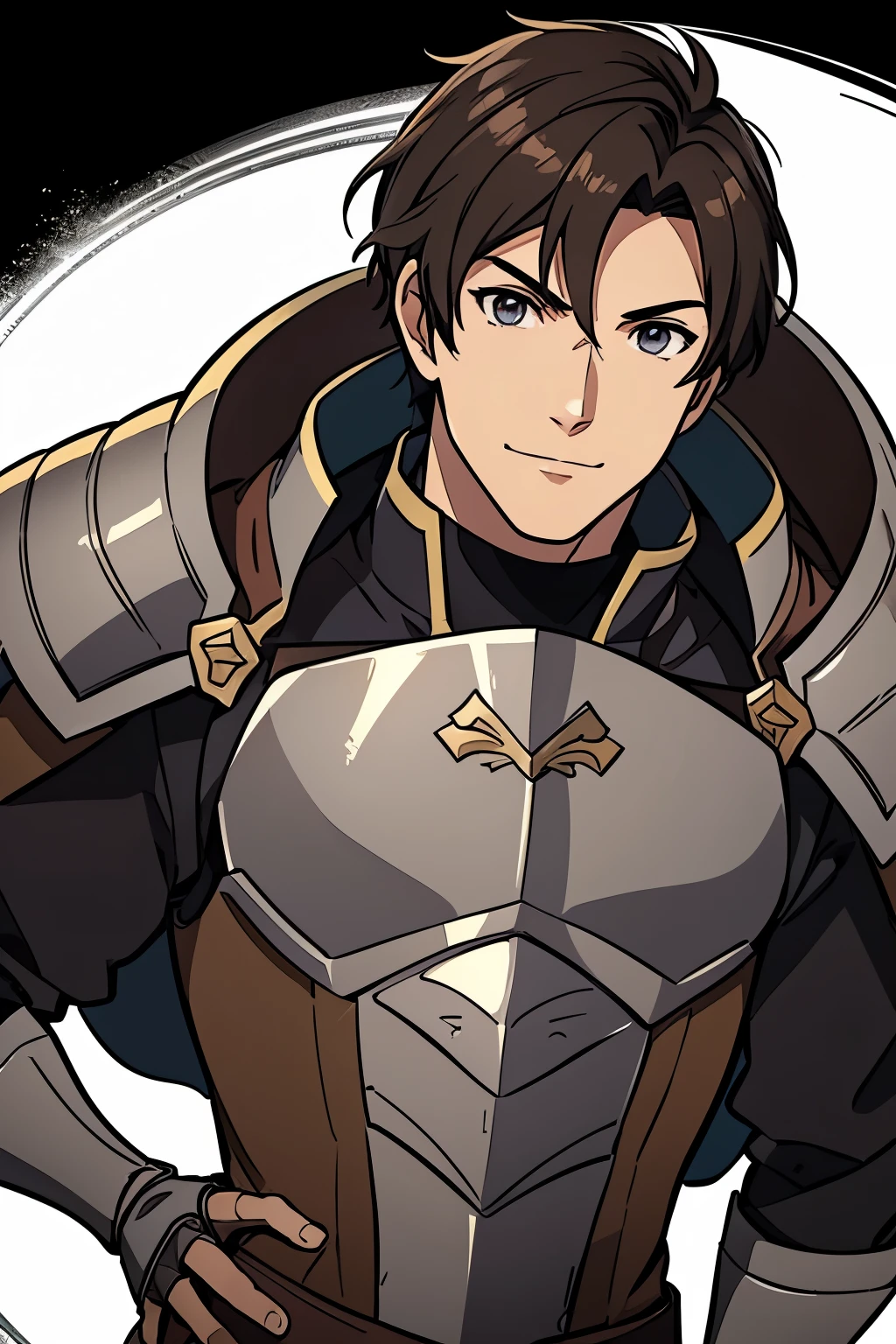 (high-quality, breathtaking),(expressive eyes, perfect face) 1male, boy, solo, portrait, Fire Emblem Awakening, Symmetrical Eyes, black background, Fredrick (Fire Emblem: Awakening), dark Brown hair color, short hair length, messy wavy hair, upper body, dark brown eyes, detailed eyes, masculine face, positive expression, charming smiling, Fredrick (Fire Emblem), Fredrick (Fire Emblem: Awakening), brown and grey armor, weapon, breastplate, polearm, gauntlets, shoulder armor, pauldrons, upper body, Fredrick (Fire Emblem), Fredrick (Fire Emblem: Awakening)
