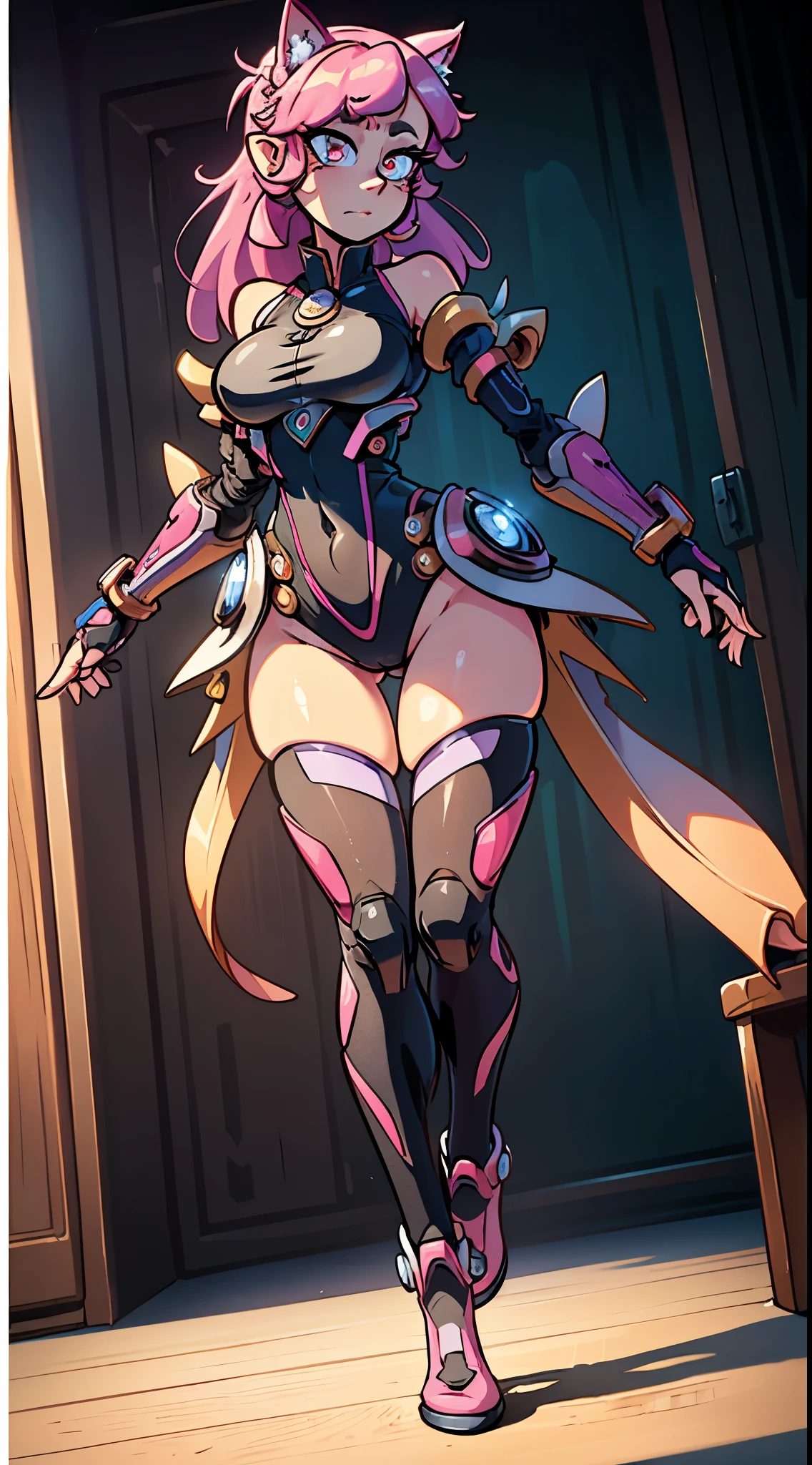 Whisper the wolf, alone, body, thighs, tail, furry, animal ears, long hair, two braids animal nose, smile, purple hair, pelvic curtain, hairy female, body fur, superhero, latex, big breasts, cleavage, hips, ponytail, boots, smile, purple eyes, purple suit, star symbol, looking at viewer, thigh grape, chubby, lewd.