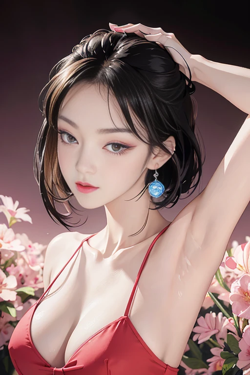 tsuruta ichiro, Narrow-eyed, 1girl in, Allback、deadpan、short-hair、shorth hair、brow、Reluctance、A dark-haired、Tucked Hair Solo, Cowgirl, Onepiece, ((mideum breasts)), Thin slit eyes、Black eyes, Light shines on the eyes、Black hair, gloves, Dress, Luxurious Jewelry, earrings, sharp eye、 elbow groves,Raise your hands and tie your hair back, random color, random color dress, Makeup for long eyes, Slender eyes、lip stick, Complex petal pattern, Rim Light, Back Light, pastel color,Studio Lighting