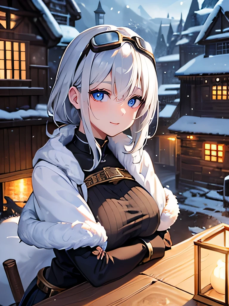 ((Very detailed)), 4K, ((Cinema Lighting)), close, Fantasy World, Cobblestone city, wooden stone house, snow, market, Market stalls, Adult female, dirty, guard,White-silver hair color，Wear goggles with large round lenses on your head, blue eyes, ((Beautiful Eyes)), Happy expression, Hold the cannon，white fluffy fur