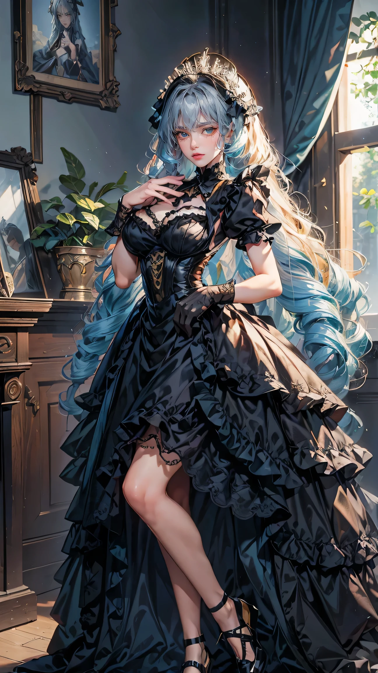 Best Best quality, masterpiece, ultra high res, raw photo, beautiful and aesthetic,deep shadow, dark theme,(ultra detailed:1.3),
1girl, dress with frills, gloves, stockings, dynamic pose, Headdress, hair ornament, full of curtain, drill hair, long hair, blonde hair, gradient hair, yellow eyes, solo, huge breasts, G-cup, big hair, blue hair, tiara, divine goddess, looking at viewer, royal palace, indoors, bedroom, astraea, full body,