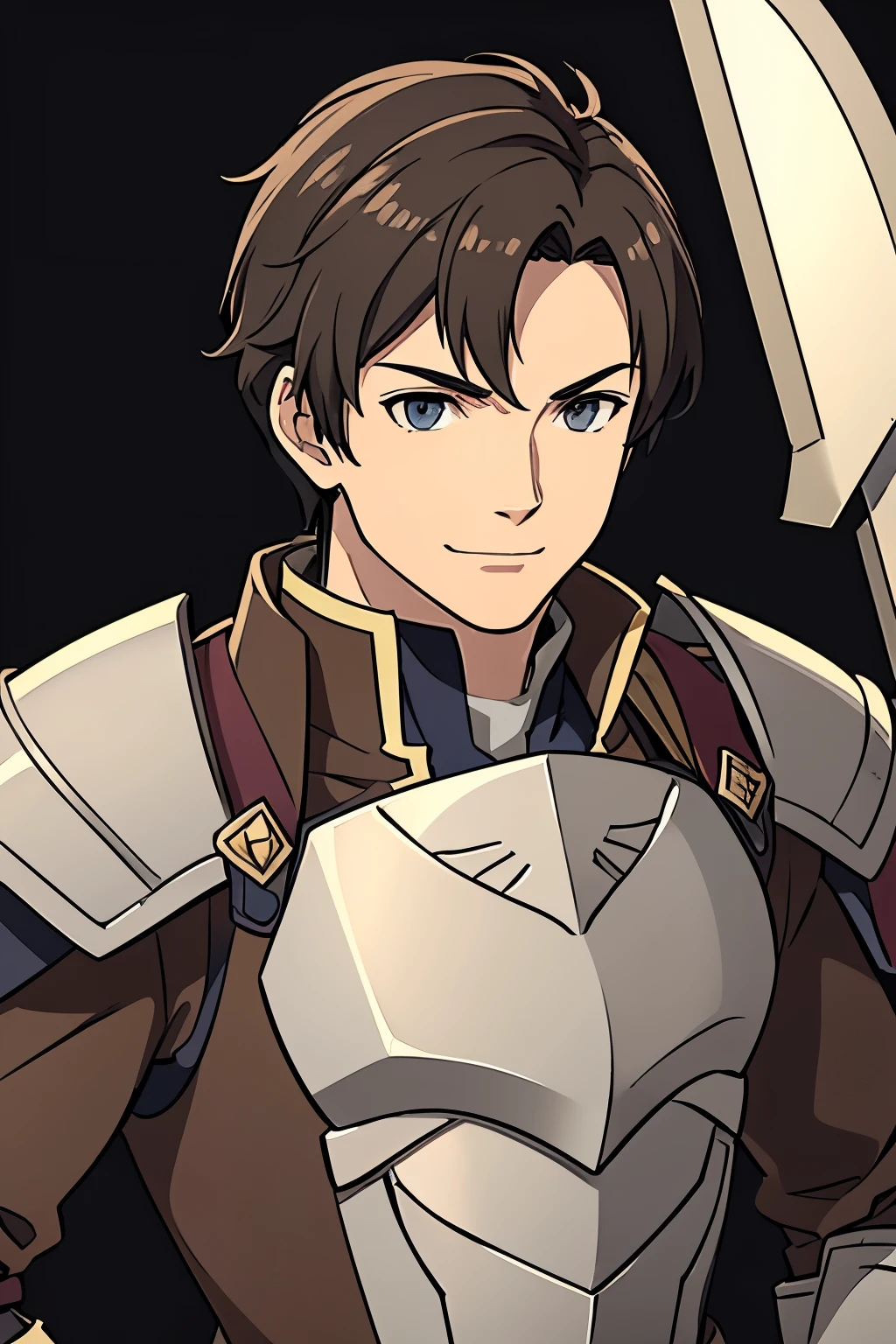 (high-quality, breathtaking),(expressive eyes, perfect face) 1male, boy, solo, portrait, Fire Emblem Awakening, Symmetrical Eyes, black background, Fredrick (Fire Emblem: Awakening), dark Brown hair color, short hair length, messy wavy hair, upper body, dark brown eyes, detailed eyes, masculine face, positive expression, charming smiling, Fredrick (Fire Emblem), Fredrick (Fire Emblem: Awakening), brown and grey armor, weapon, breastplate, polearm, gauntlets, shoulder armor, pauldrons, upper body, Fredrick (Fire Emblem), Fredrick (Fire Emblem: Awakening)
