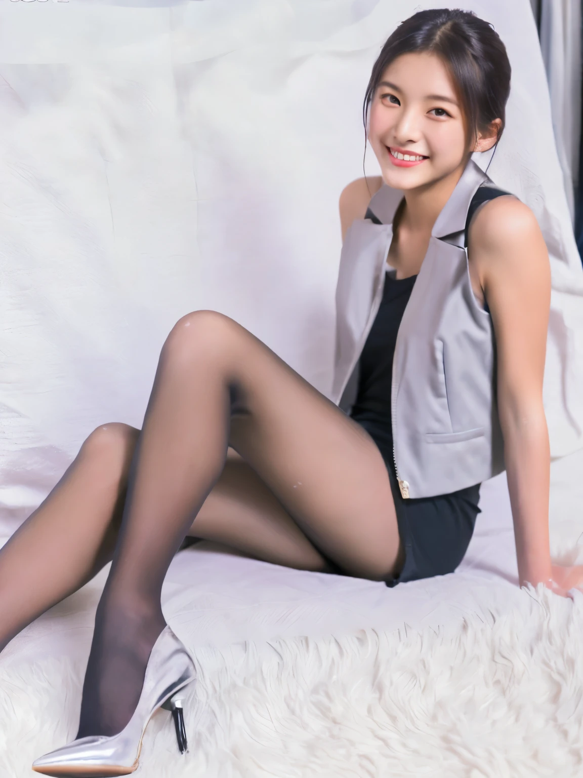 ((top quality vest, 8k, masterpiece: 1.3, RAW Photos)), , Realistic、Young Japanese woman、((White tank top))、Shorts、Black Stockings、Beauty、Realistic、Perfect limbs、From the knee up、Large Breasts、Perfect Face、Smiling、((No shoes))