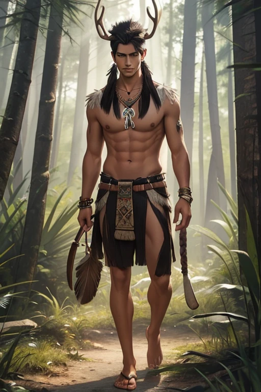 Full Body photorealistic 1 boy,Handsome,tall and strong,perfect male figure, eyes looking at camera, ((tanned skin)),forest,(primitive),naked feather hair accessories,Antler cap,Tribal totem,((Painted)),hide,black hair,serious expression,((animal bone necklace)),Ray tracing
