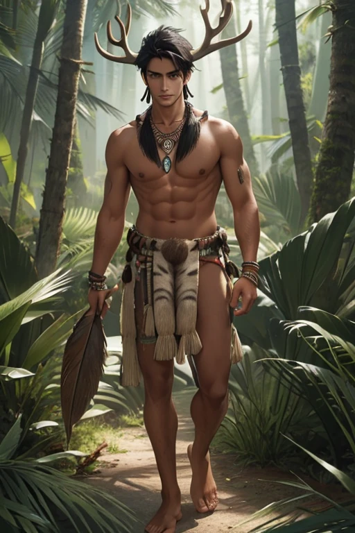 Full Body photorealistic 1 boy,Handsome,tall and strong,perfect male figure, eyes looking at camera, ((tanned skin)),forest,(primitive),naked feather hair accessories,Antler cap,Tribal totem,((Painted)),hide,black hair,serious expression,((animal bone necklace)),Ray tracing