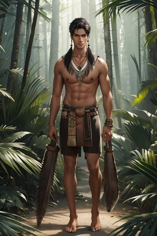Full Body photorealistic 1 boy,Handsome,tall and strong,perfect male figure, eyes looking at camera, ((tanned skin)),forest,(primitive),naked feather hair accessories,Antler cap,Tribal totem,((Painted)),hide,black hair,serious expression,((animal bone necklace)),Ray tracing