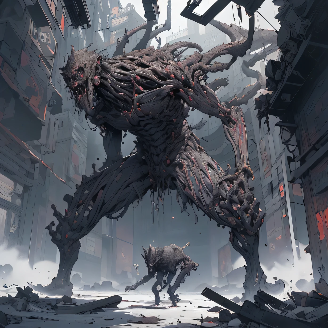 (Masterpiece, Best quality: 1.2), Ultra detailed, Highest detail, (bodyhorror: 1.4), (Biological machines: 1.3), (Bloody: 1.2), Living people, (Colorful: 1.2), satanic, (Machine: 1.3), hans giger, many hands, (zentangle: 1.2), Black color scheme, avant garde, full body, cyberpunk, takato yamamoto, concept art, mystical landscape