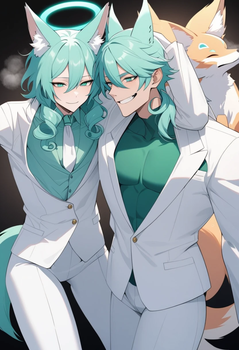 age 40 ,humanoid Male fox, kitsune Blue Green eyes and fox ears and tail curls, skinny body Cyan hair, big crooked smile,white suit green blue shirt, smell like mint,odins twin brother, also has a halo over my head as im also a angle