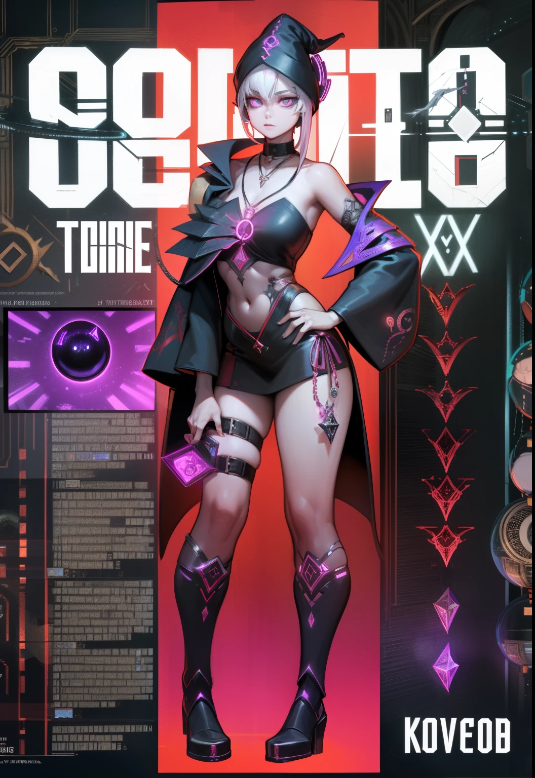 depicts a modern-day witch who has embraced the world of cybernetics to enhance her magical abilities. The artwork should convey the enchanting blend of traditional witchcraft and futuristic technology. Here are some specific elements to include: The Witch's Lair: The setting should be a cozy yet slightly eerie room, filled with magical books, crystal balls, potion ingredients, and antique furnishings. The room should be dimly lit by candles and a soft, mystical glow emanating from her cybernetic enhancements. The Cyborg Witch: The central focus of the artwork is the witch herself. She's a striking figure with a mix of traditional witch attire and cybernetic enhancements. Her clothing should have a witchy, occult aesthetic, with flowing robes, a pointed hat, and an intricate pentagram necklace. Her arms, however, have been upgraded with cybernetic components that incorporate magical symbols and glowing runes. Magical Interface: The witch is in the midst of casting a spell, with a holographic, touch-screen interface floating before her. This interface includes spell incantations, arcane symbols, and digital components, demonstrating her fusion of magic and technology. Spell Ingredients: On a nearby table, there should be a collection of spell ingredients, like herbs, potions, and magical artifacts. Some of these items may have been modified with cybernetic enhancements, blurring the line between the natural and the technological. Familiar: The witch's familiar, perhaps a cat or raven, should be present in the scene, serving as her magical companion. The familiar could also have subtle cybernetic enhancements or glowing eyes. Glowing Runes: The room should be adorned with ancient symbols and glowing runes on the walls and floor, contributing to the magical atmosphere. Aetherial Lighting: Use a combination of mystical, ethereal lighting and cybernetic glows to create a captivating interplay of light and shadow. The contrast between the tradit