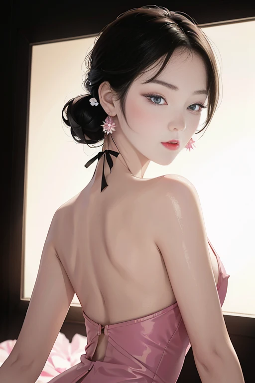 tsuruta ichiro, Narrow-eyed, 1girl in, Allback、deadpan、short-hair、shorth hair、brow、Reluctance、A dark-haired、Tucked Hair Solo, Cowgirl, Onepiece, ((mideum breasts)), Thin slit eyes、Black eyes, Light shines on the eyes、Black hair, gloves, Dress, Luxurious Jewelry, earrings, sharp eye、 elbow groves,Raise your hands and tie your hair back, random color, random color dress, Makeup for long eyes, Slender eyes、lip stick, Complex petal pattern, Rim Light, Back Light, pastel color,Studio Lighting