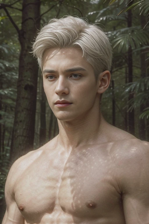 FULL full Body photorealistic 4k, high resolution, best quality, masterpiece, perfect color, perfect shade, perfect lighting, Posted by e621, ((portrait)), ((handsome man)), perfect male naked figure, Short hair details，chest muscles，abdominal muscles，N,  Detailed face, perfect face, (stood up), Detailed background, ((Bonifasco Lighting)), (delicate eyes),(),white hair, forest scene photo, professional movie, professional picture, ultra detailed, ultra realistic, cinematic, sharp focus