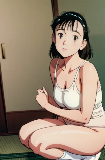 (unity 8k wallpape),(best quality),(high resolution),(ultra-detailed),(perfect anatomy),(beautiful detailed eyes),YAWARA,(urasawa naoki style),20yo,smile,,panty shot,squatting,White panties,cameltoe,White socks,Shooting from a low angle,Turn your body forward,Panties focus,