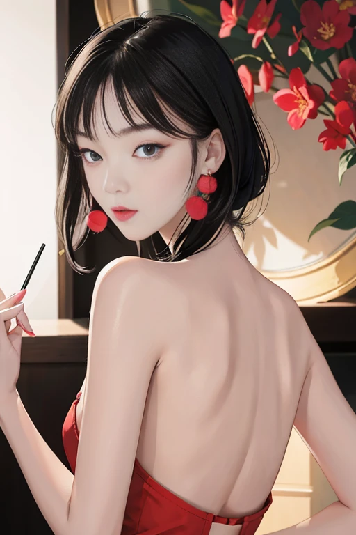 tsuruta ichiro, Narrow-eyed, 1girl in, Allback、deadpan、short-hair、shorth hair、brow、Reluctance、A dark-haired、Tucked Hair Solo, Cowgirl, Onepiece, ((mideum breasts)), Thin slit eyes、Black eyes, Light shines on the eyes、Black hair, gloves, Dress, Luxurious Jewelry, earrings, sharp eye、 elbow groves,Raise your hands and tie your hair back, random color, random color dress, Makeup for long eyes, Slender eyes、lip stick, Complex petal pattern, Rim Light, Back Light, pastel color,Studio Lighting