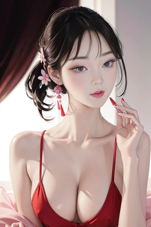 tsuruta ichiro, Narrow-eyed, 1girl in, Allback、deadpan、short-hair、shorth hair、brow、Reluctance、A dark-haired、Tucked Hair Solo, Cowgirl, Onepiece, ((mideum breasts)), Thin slit eyes、Black eyes, Light shines on the eyes、Black hair, gloves, Dress, Luxurious Jewelry, earrings, sharp eye、 elbow groves,Raise your hands and tie your hair back, random color, random color dress, Makeup for long eyes, Slender eyes、lip stick, Complex petal pattern, Rim Light, Back Light, pastel color,Studio Lighting