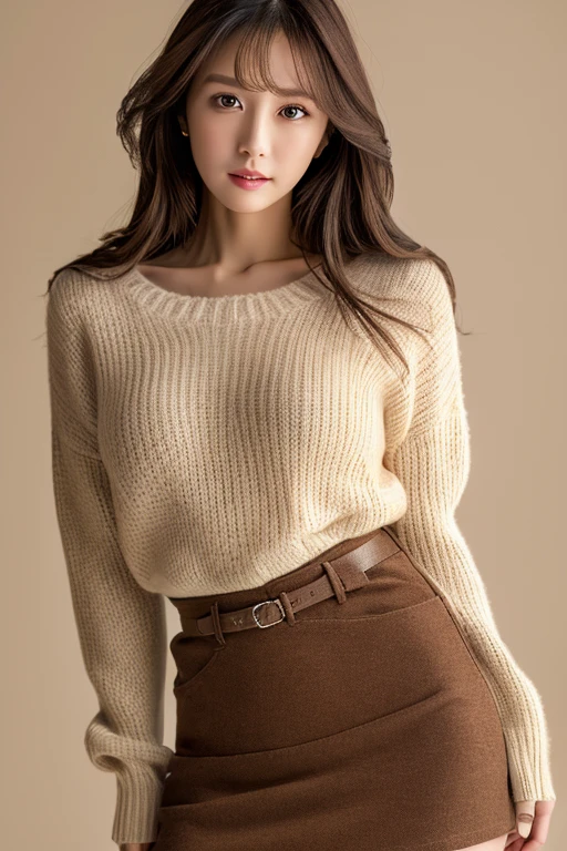 Masterpiece, top-quality, high resolution, Photorealsitic, sharp, Raw photography, 8K wallpaper, flawless, Professional lighting, highly detailed, depth of fields, Pale solid color background, ((one beautiful women, Skinny Japanese mature)), (30 years old), Sexy, Detailed face, beautidful eyes, bangs, small breasts, very thin waist, Light Brown Straight Hair, Faint lips, ((standing at front, Staring at the viewer, serious face eyes.)), Sweaters, skirt, (full-body photo), cowboy shot