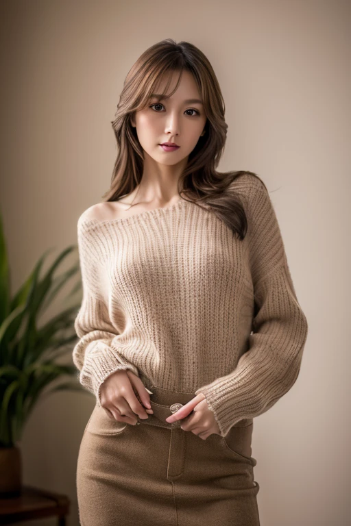 Masterpiece, top-quality, high resolution, Photorealsitic, sharp, Raw photography, 8K wallpaper, flawless, Professional lighting, highly detailed, depth of fields, Pale solid color background, ((one beautiful women, Skinny Japanese mature)), (30 years old), Sexy, Detailed face, beautidful eyes, bangs, small breasts, very thin waist, Light Brown Straight Hair, Faint lips, ((standing at front, Staring at the viewer, serious face eyes.)), Sweaters, skirt, (full-body photo), cowboy shot